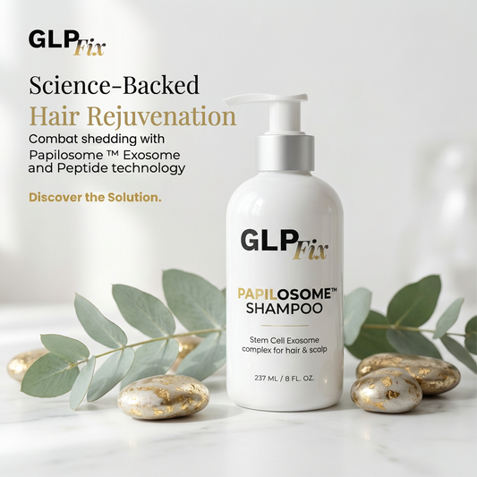 GLP-1 hair loss shampoo in a stylish bottle promoting hair rejuvenation and combatting shedding with advanced technology.