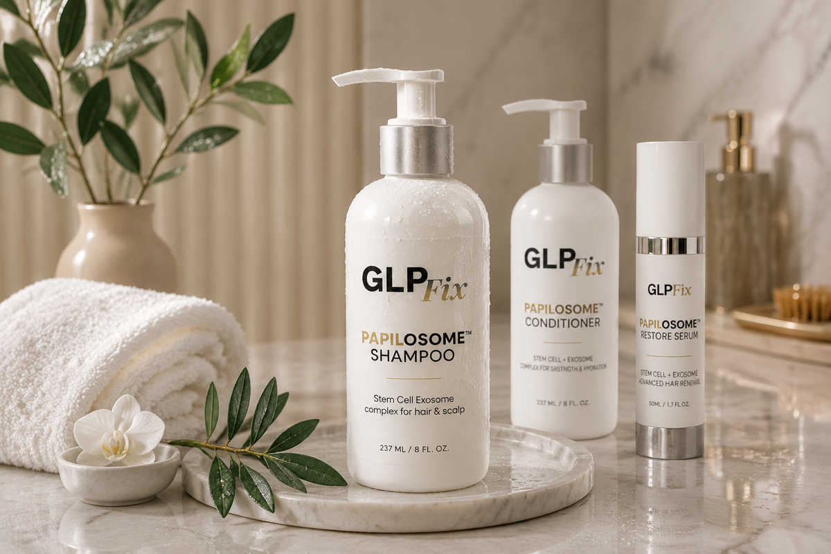 GLP Fix Papilosome shampoo, conditioner, and restore serum bottles displayed on a marble tray in a luxury bathroom setting with towels, botanical elements, and soft natural lighting.